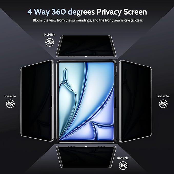 4-Way Magnetic Privacy Screen for iPad Air 13 Inch (2024-2026, M2 M3 M4), Removable 360 Spy Private Filter, Anti Blue Light Glare Bubble-Free Easy Install Black Screen Protector