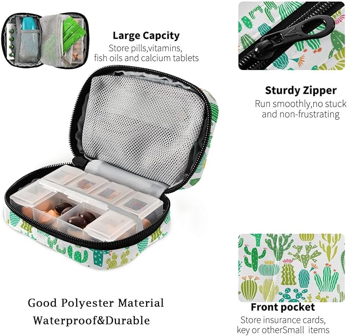 Fustylead Simple Cute Green Cactus Botanical Plant Travel Pill Organizer Bag with Zipper Small Pill Box 7 Day Pill Case for Purse Storage Weekly Vitamin Medicine Supplement