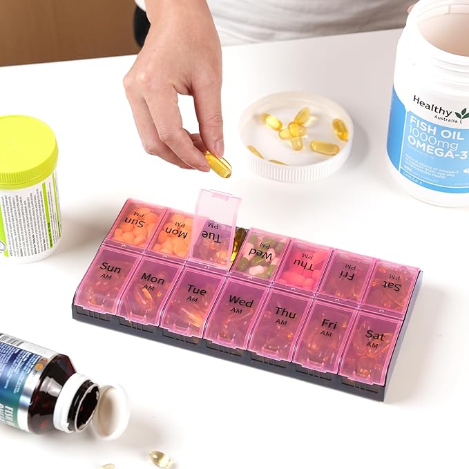 Daviky XL Large Weekly Pill Organizer 2 Times a Day, Extra Big 7 Day Pill Box AM PM, Daily Pill Case Medicine Organizer with 14 Compartments, Day Night Container for Fish Oils, Vitamin, Supplement
