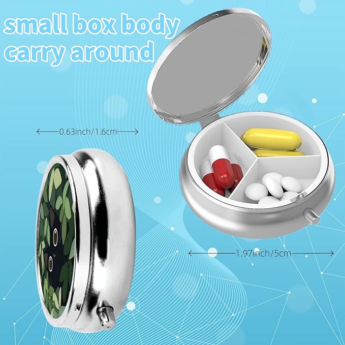 3 Compartment Travel Pill Case, Sealed Portable Pill Container Mini Size Metal Pill Box for Pocket Purse, Three Times a Day Pill Organizer for Men, Women and Children - The Black Cat in The Grass