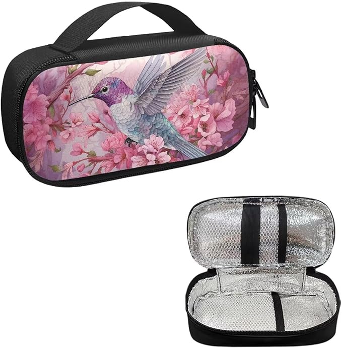 Hummingbird Cherry Blossom Insulin Cooler Travel Case Diabetic Medicine Carrying Bag Large Capacity Insulated Organizer Medication Cooler Bag for Insulin Pens and Diabetes
