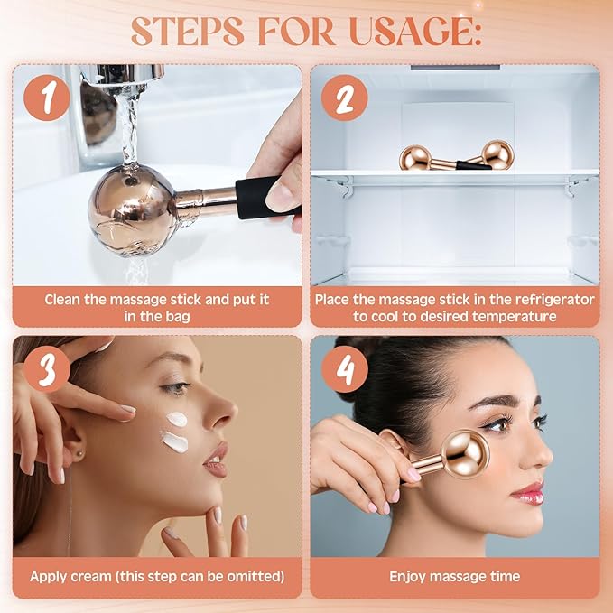 Baderke 2 Pcs Ice Globes for Face Stainless Steel Cooling Globes Unbreakable Cooling Roller Women Ice Balls Cryo Sticks Facials Skin Care for Dark Circles, Puffiness(Rose Gold (Black Handle))