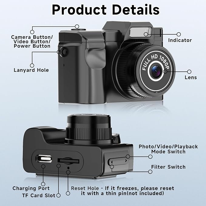 Mini Keychain Camera, Retro Snap Mini Digital Camera, 1080P Tiny Pocket Video Camera Vintage Portable Small Camcorder for Travel Vlogging, Video Recorder with 32GB Card, Black