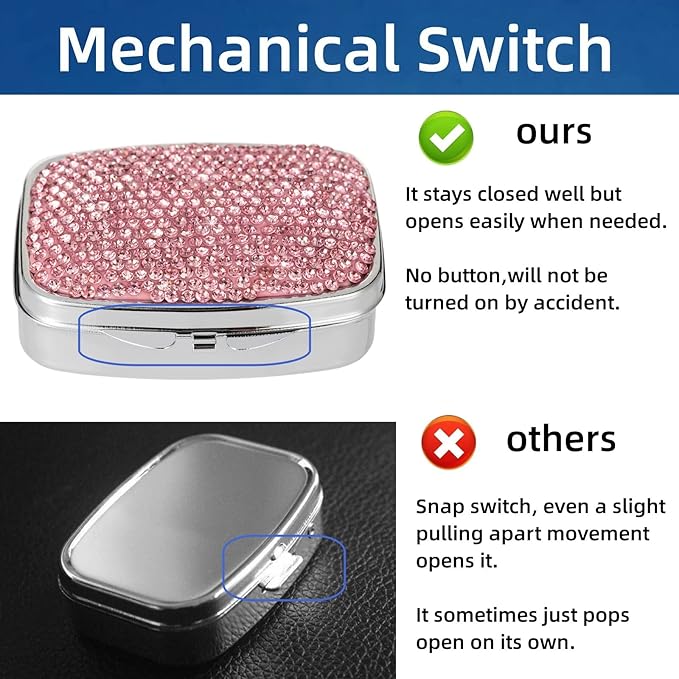 Pill Organizer Travel,Square Small Metal Pill Box Case,Compact Medicine Vitamin Container,Portable Pill Holder Bottle for Women(Pink)