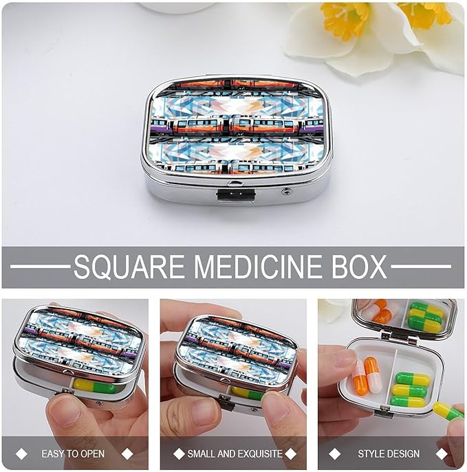 Square Pill Box Monorail Train Pill Case 2 Compartment Medicine Pill Organizer for Purse & Pocket Portable Travel Pillbox Medicine Vitamin Cod Liver Oil Storage Box Organizer