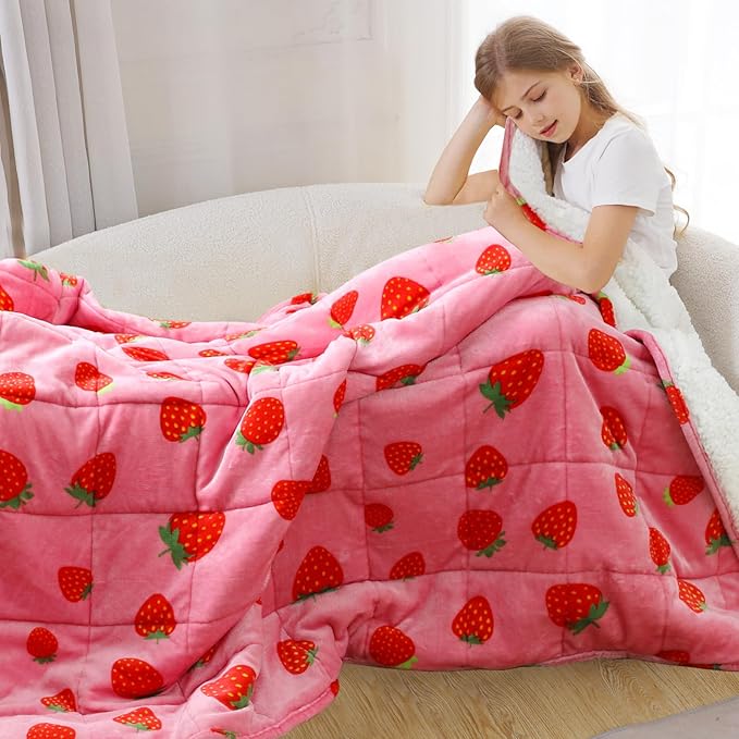 Aemicion Strawberry Pink Weighted Blanket for Kids Gilrs,Cozy Sherpa Fleece Heavy Blanket 10lbs,48"x72" Twin Size Weighted Throw Blanket, Machine Washable
