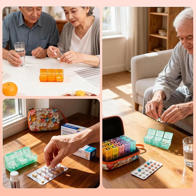 Pill Organizer, 15-Day Medicine Box with Hard Shell Case, 3 Times Daily Dosage Schedule, Plastic Rectangular Design, Includes Pill Cutter and Monthly Weekly Stickers,Flowers
