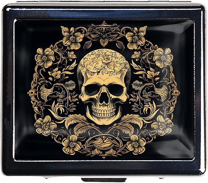 Silver Vintage Pill Box 7 Day Metal Pill Box with Mirror and 8 Compartments Cute Travel Pill Organizer for Purse (Art Flower Skull)