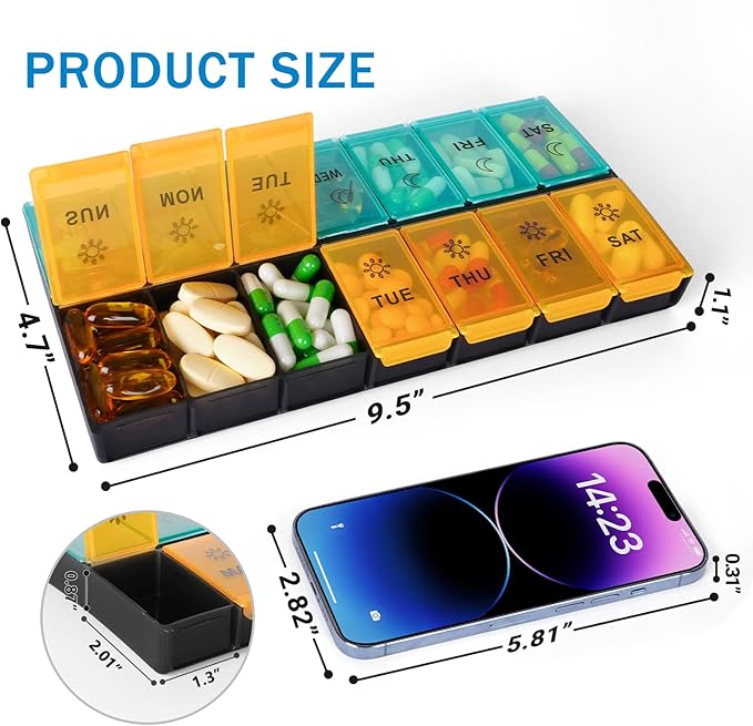 Mossime XL Large Daily Pill Organizer 2 Times a Day, Extra 7 Day Pill Box Am Pm, Weekly Day Night Vitamin Holder, Medicine Organizer, Big Pill Container, Medication Dispenser 14 Compartments