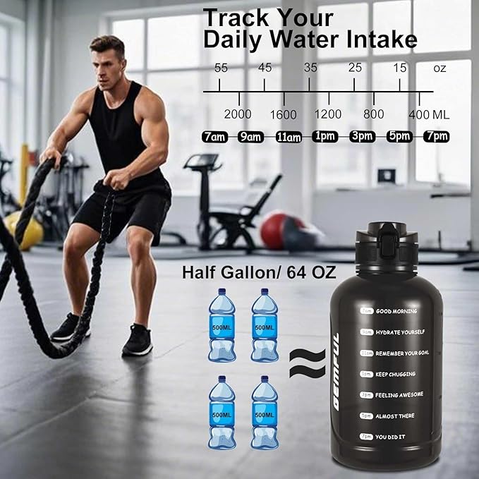 GEMFUL Water Bottle 2L with Time Marker & Handle 64oz Large Motivational Jug for Gym Workouts No Straw Leak Proof BPA Free (Black)