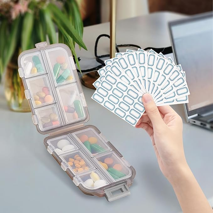 INVODA 12PCS 10-Compartment Pill Organizer BPA-Free Travel Pill Case with Daily Labels Portable Medicine Box for Vitamins, Supplements & Jewelry