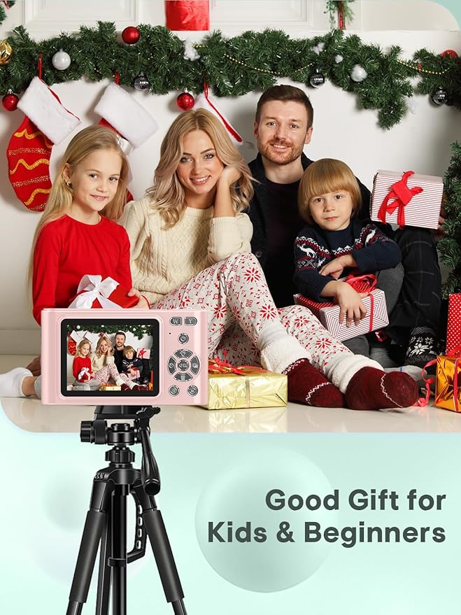 Digital Kids Camera 1080P Vlog Camera with 64GB, Lanyard, 16X Zoom Anti Shake, Card Reader 44MP Compact Portable Point Shoot Digicam for Kid Teen Girl Boy Christmas Halloween Thanksgiving(Pink)