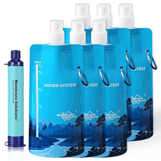 Membrane Solutions Squeezable Water Filtration System, Survival Water Purifier Kit, Portable Backpacking Gear Including Water Filter Straw and 23oz Collapsible Bottle for Hiking Camping Travel(1+6)
