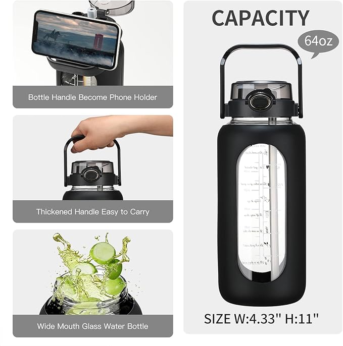 64oz Glass Water Bolttles with Straw Half Gallon Large Motivational Water Bottle with Time Marker Sports Water Bottles with Silicone Sleeve and Handle Lid Water Jug for Gym Workout
