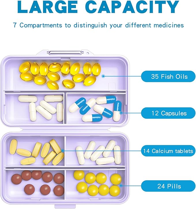 Yivaiks Bling Travel Pill Organizer Crystal Rhinestone 8 Compartments Portable Pill Case Daily Pill Box to Hold Vitamins Small Pill Container for Pocket Purse Medicine Organizer(Purple)