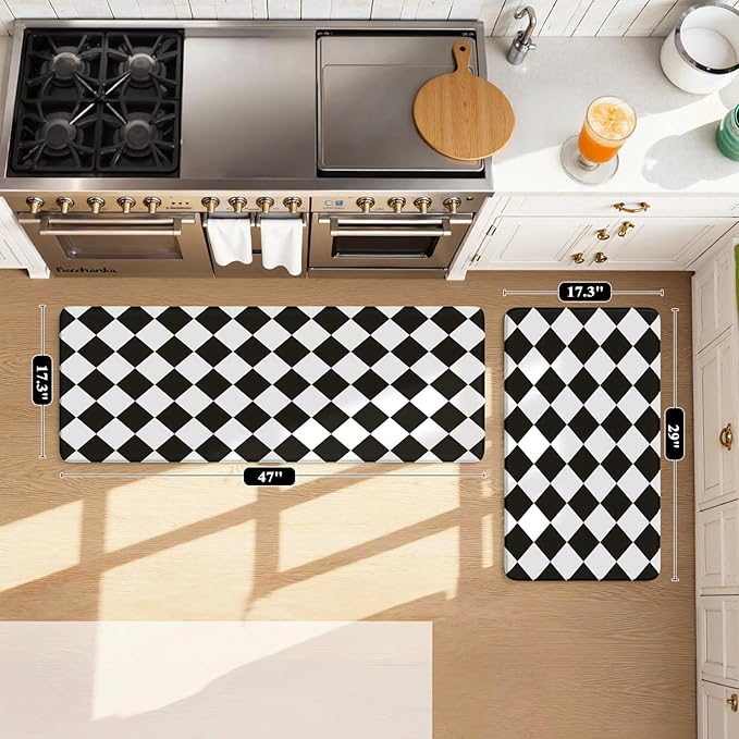 KIMODE Farmhouse Kitchen Rugs, Anti-Fatigue Kitchen Mats, Non-Slip, Cushioned Standing Mat, 17"x47"+17"x29", Black Diamond Check