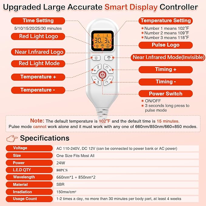 JOBYNA Red Light Therapy Glove, 850nm Near Infrared Light & 660nm Red Light for Hand Wrist Finger, Auto Shut Off & Adjustable Temperature, USB or Outlet Power Supply