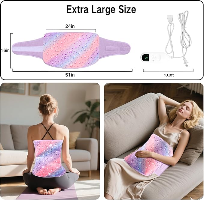 Large Heating Pads for Back Pain/ Period Cramps, 4 Timer(Max 4H)/9 Heat/10ft Long Cord/ 16*24" Heat Pad+27" Belt Wearable(51" in Total) Electric Wrap Around Heating Pad Birthday Christmas Gift(Purple)