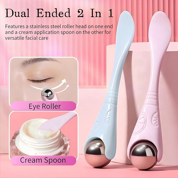 Mini Ice Roller, 2-in-1 Stainless Steel Facial Massage Tool with Cream Spoon, Light Purple, for Face and Eyes, Dark Circles and Puffiness Relief