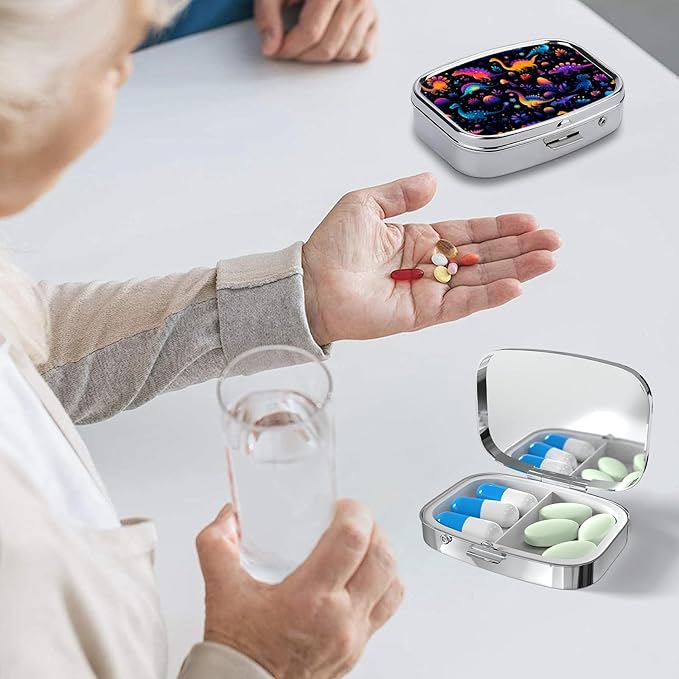Pill Box-2 Compartment Small Pill Case Square Organizer Case with Mirror Portable Metal Medicine Box Travel Container for Pocket & Purse Women Men(Colorful Dinosaur)