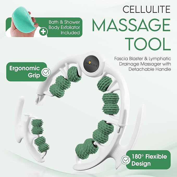 Cellulite Massage Roller, Fascia Blaster, Lymphatic Drainage Massager, Relieve Muscle Soreness, Body Sculpting Tool with Detachable Handles for Thighs, Legs, Buttocks, Gift Exfoliating Brush. (Green)