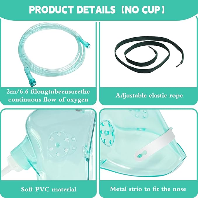 3 Pack Oxygen Masks for Face Adult, XL Size Oxygen Mask with 6.6' Ft Tubing and Adjustable Elastic Strap- NO Cup