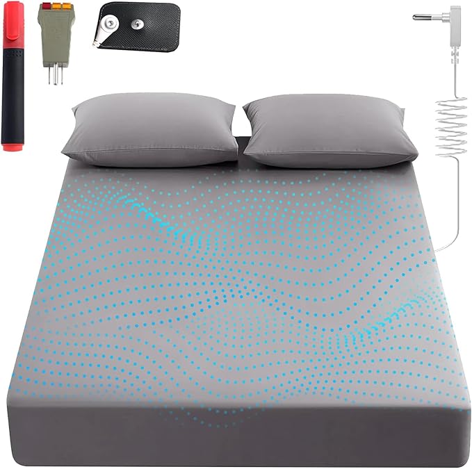 Grounding Sheets King, 90% Organic Cotton+ 10% Pure Silver Fiber,Grounded Bed Sheet Kit, Deep Pocket Grounded Bed Sheet, Relieves Pain - Used for Healthy Sleep Therapy (Gray, Queen)