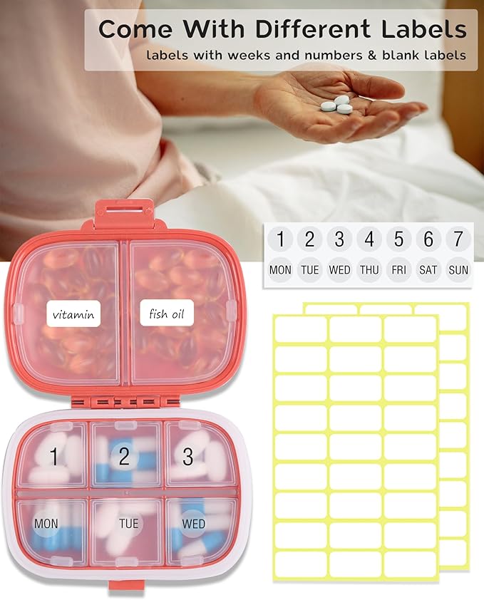 8 Compartments Travel Pill Organizer, Daily Pill Case Small Pill Box for Pocket Purse, Portable Pill Container Medicine Vitamin Organizer (Red)