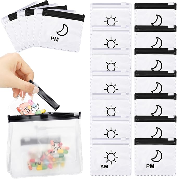 Colarr 14 Pcs AM PM Pill Pouches Bags Reusable Zippered Day and Night Pill Organizer with Slide Lock for Travel Medicine Case, 1 Large 14 Small(Clear, Black)