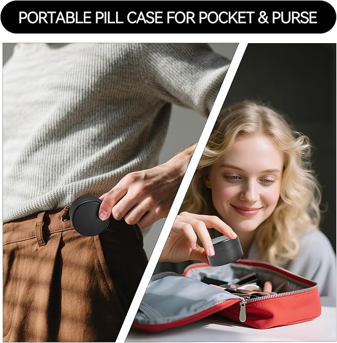 Small Daily Pill Box - Portable Waterproof Metal Pill Case for Pocket or Purse Aluminium Alloy Round Travel Pill Container Storage Container 2 Pieces (Black Grey)