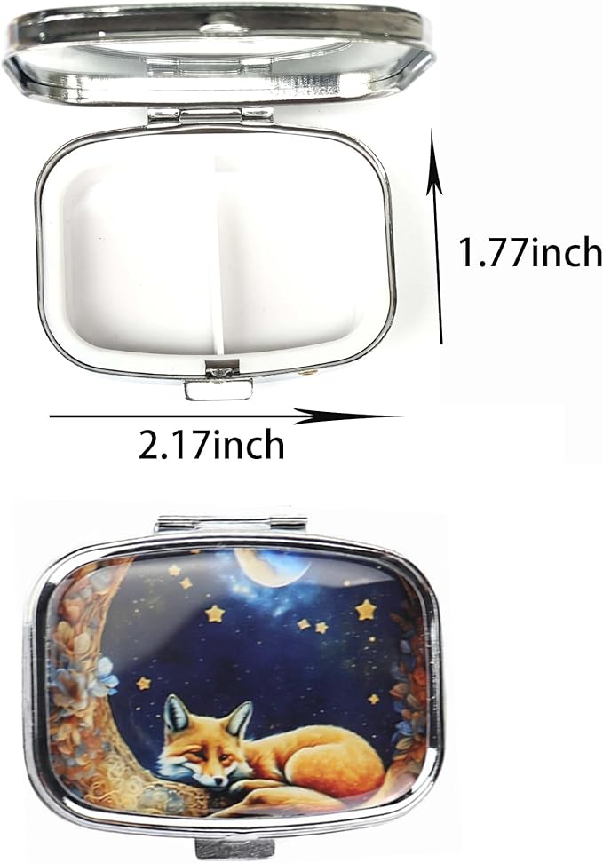 WATASSA Pill Box with Animal Style Mirror All-in-One 2-Compartment Portable Medicine Organizer, Marble Pattern Travel Pill Case for Vitamins&Daily Medication(Fits Pocket/Purse) (Yellow Fox)