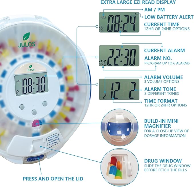 JULOS 28-Day Automatic Pill Dispenser with Lock for Elderly, Electronic Medication Organizer with Sound/Light Alerts, up to 6 Alarms/Day, Frosted Lid Medication Dispenser for Protecting Pills Privacy
