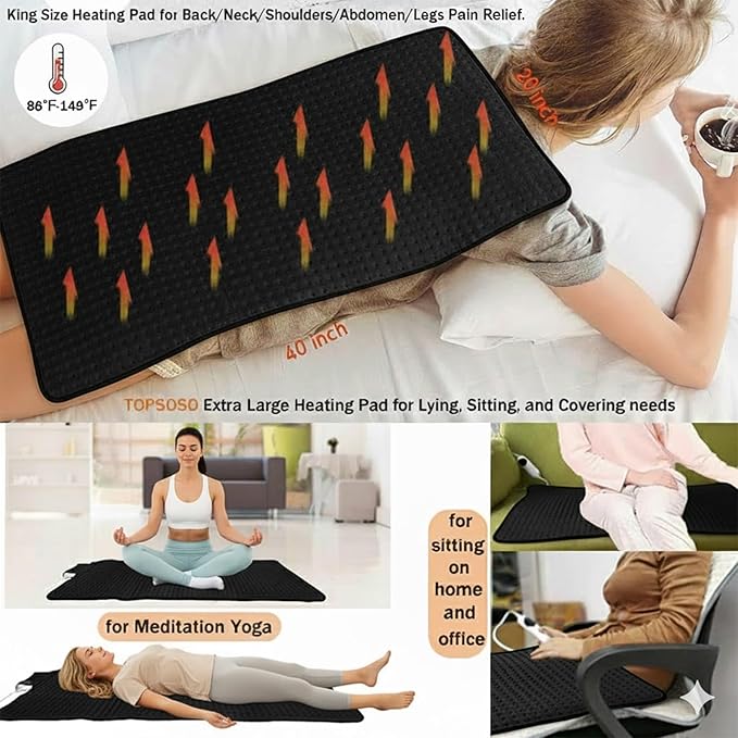 Extra Large Heating Pad for Back Pain Relief and Period Cramps,20x40 King Size, with 10 Temp Settings & 3 Timer Options, Full Body Heating Pad for Shoulder and Legs, Machine Washable(Black)