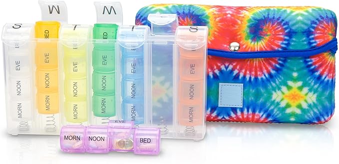 Made Easy Kit Pill Case Large 7-Day / 28 Compartments in Neoprene Carrier with Storage Pill Box in Daily in Morn, NOON, EVE, Bed a Weekly Vitamin, Medicine, Capsule Organization (Tie Dye)