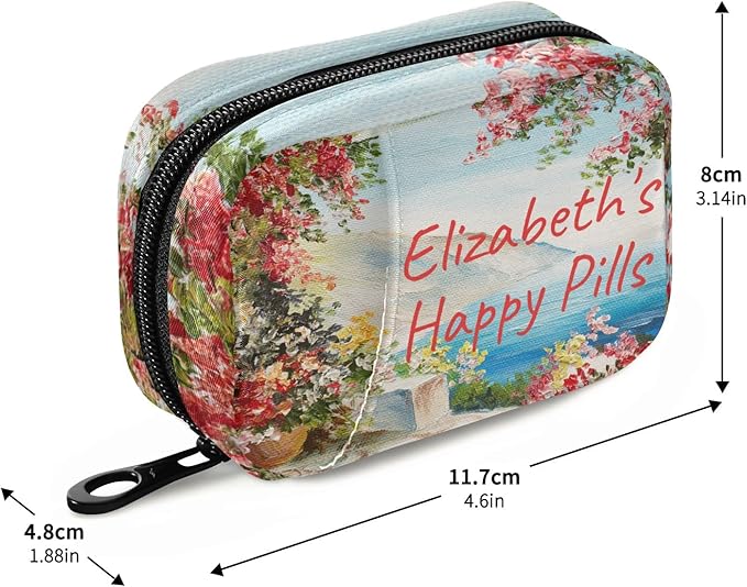 Custom Pill Box 7 Day Pill Case Bag Oil Painting Sea Flowers Personalized Name Travel Pill Organizer Bag with Zipper Portable Weekly Case Compact Size for Vitamin Supplement Holder