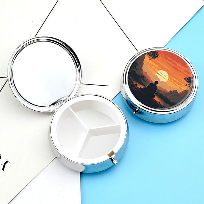 Buddha Silhouette Pill Box 3 Compartment Small Pill Case Portable Pill Box for Pocket Or Purse Round Metal Pill Box Cute Medicine Organizer Holder to Hold Vitamins Medication