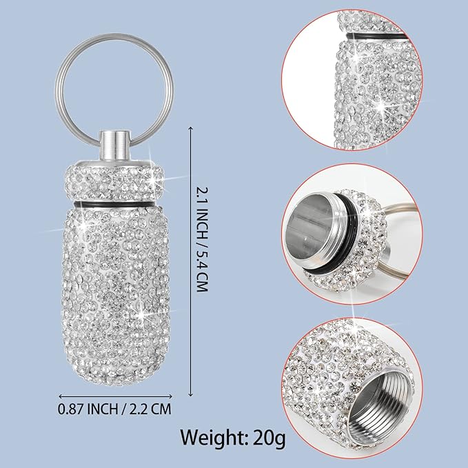 Bling Pill Case Portable Travel Pill Container Bottle Rhinestone Waterproof Small Pill Holder with Keychain Cute Mini Pill Storage Box for Outdoor Camping (White Pink)