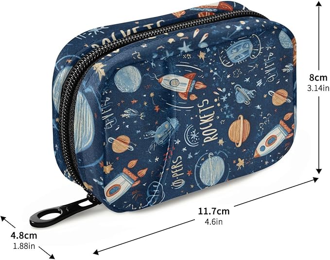 Dark Blue Space Rockets Planets Stars Travel Pill Organizer Case Box Container Weekly Portable Vitamin Medicine Holder Storage Bag with Zipper Removable