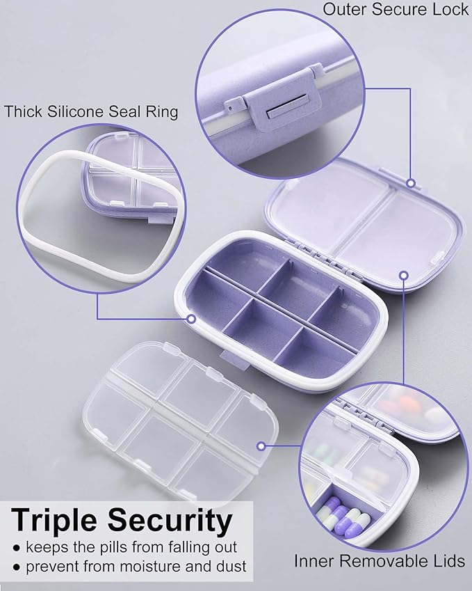 8 Compartments Travel Pill Organizer, Daily Pill Case Small Pill Box for Pocket Purse, Portable Pill Container Medicine Vitamin Organizer (Purple & Pink)