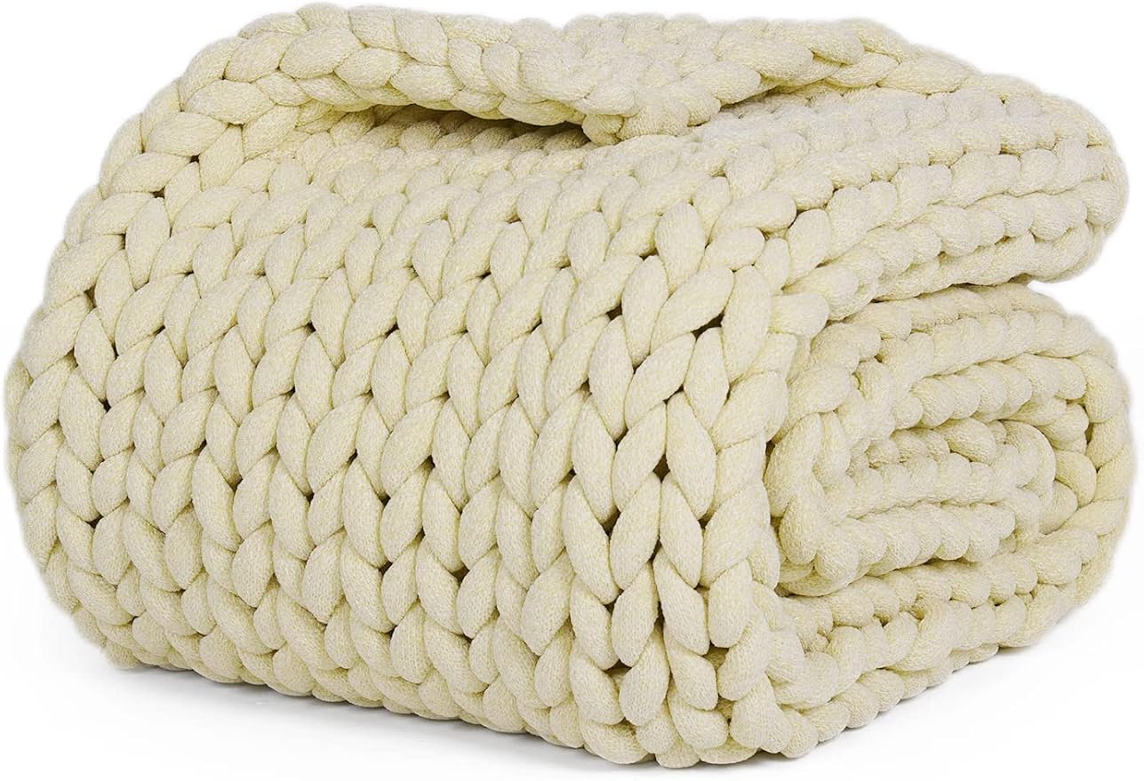 YnM Chenille Weighted Blanket, Handmade Chunky Knitted Design, Soft and Cozy, Temperature Regulating and Breathable, Machine Washable Throw for Sleep or Home Decor (Sparkling White, 60x80 Inch, 15lbs)