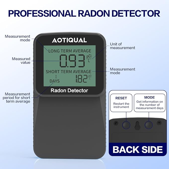 Digital Radon Detector LCD Display Dual USB Battery Power Options 3 Year Battery Life 10 Year Sensor Lifespan Accurate pCiL Concentration Detection for Home and Office Use
