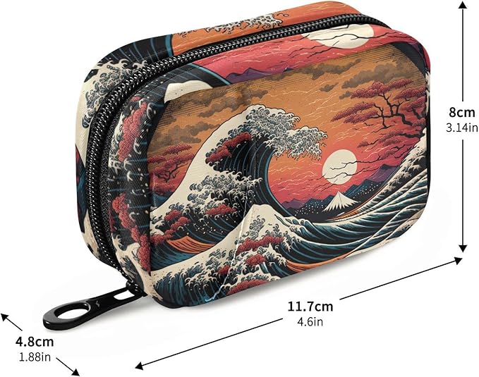 Vnurnrn Pill Case Vintage Japan Wave Print, Pill Box 7 Days Travel Pill Organizer Bag with Zipper, Portable Weekly Case Vitamin Supplement Holder for Travel Daily Use