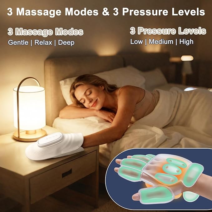 Electric Hand & Wrist Massager with Heat and Compression for Tired & Stiff Hands, 3 Massage Modes & Intensities, 3000mAh Rechargeable Cordless, 10-Min Timer for Home Relaxation (White)