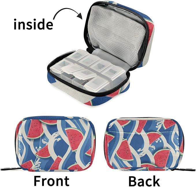 Bright Blue Waves Watermelon Slices Travel Pill Organizer Case Box Container Weekly Portable Vitamin Medicine Holder Storage Bag with Zipper Removable