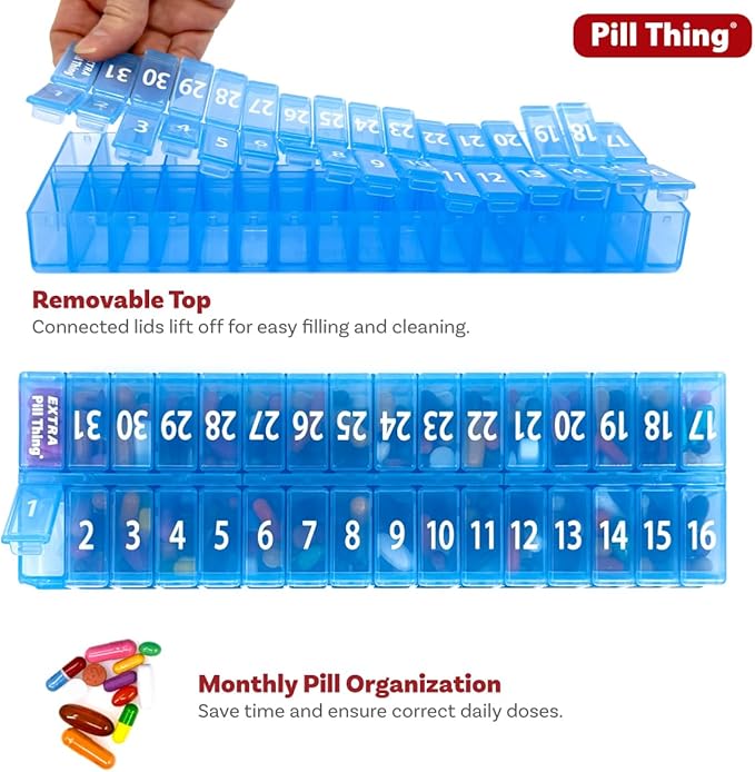XL Twice-a-Day Monthly Pill Box Planner Set, 31 Day AM & PM Medication Organizer, 2 Vitamin Holders for One Month (XL - 31 Day AM/PM - Blue)