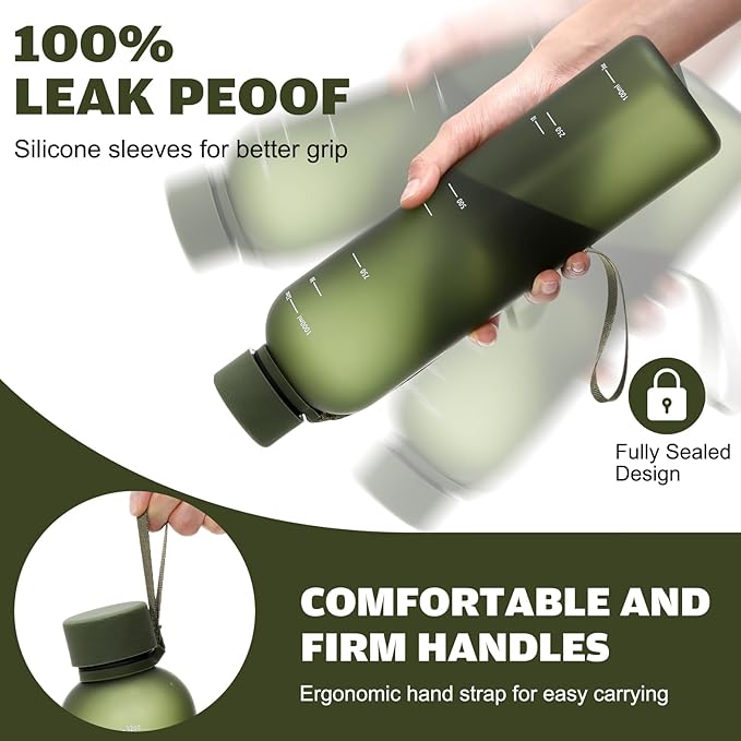 1 Pcs Slim Water Bottle 32oz, 1L Motivational Tracking Reminder Water Bottle-lightweight & Shatterproof and Stainless Steel Lid & Bamboo Straw Lid, for Travel Sports School Gym(Dark Green)