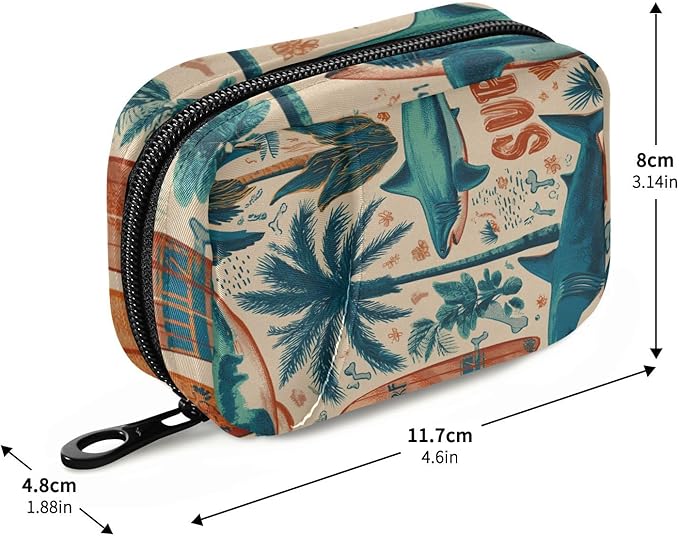 Vintage Beige Surfing Sharks Ans Palm Trees Travel Pill Organizer Case Box Container Weekly Portable Vitamin Medicine Holder Storage Bag with Zipper Removable