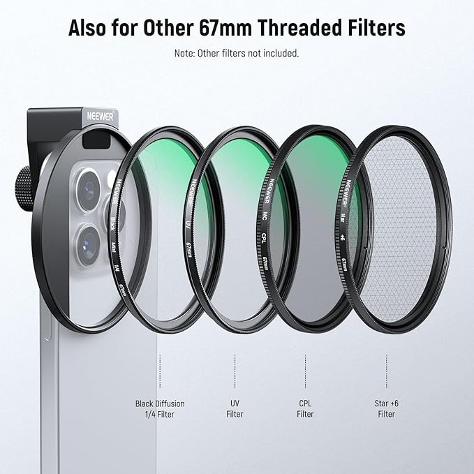 NEEWER Clip On Phone Filter Kit, 67mm Multicoated Variable ND Filter ND2-32 with Cold Shoe Cell Phone Clamp, Carrying Case & Cleaning Cloth Accessories Compatible with iPhone Samsung Android, FL-82
