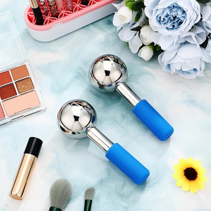 Baderke 2 Pcs Ice Globes for Face Stainless Steel Cooling Globes Unbreakable Cooling Roller Women Ice Balls Cryo Sticks Facials Skin Care for Dark Circles, Puffiness(Silver (Blue Handle))