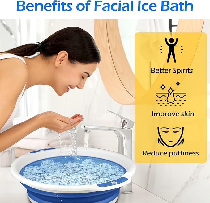 Facial Ice Bath Kit - Foldable Ice Bowl with Reusable Cubes for Cold Plunge (Blue)